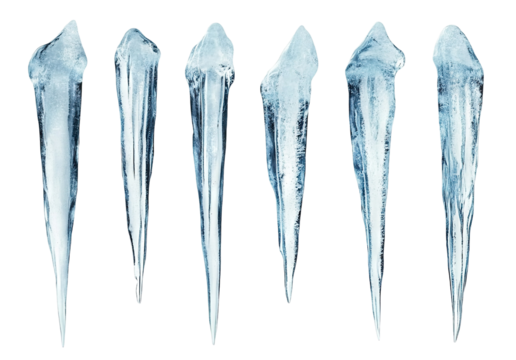 Set of frozen icicles hanging down, isolated on transparent cutout background