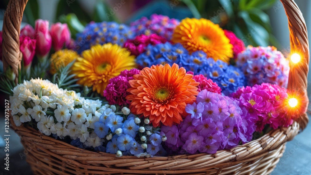 Poster vibrant flower bouquet in a woven basket illuminated by soft lights showcasing a delightful array of
