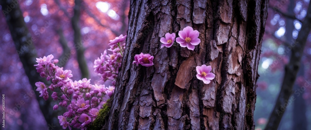 Poster Close-up of textured tree bark adorned with vibrant pink flowers creating a natural and serene background for various designs.