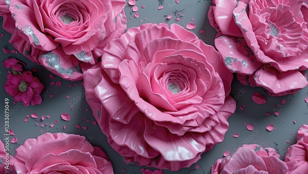 Poster vibrant close-up of pink marbled roses on a soft gray background showcasing intricate textures and a