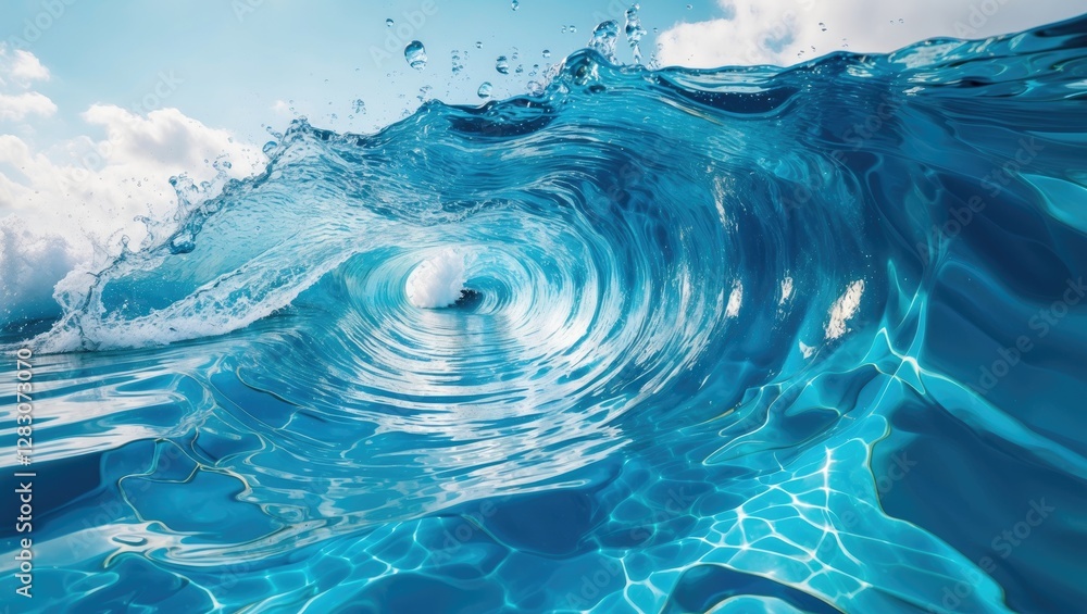 Poster crystal clear ocean wave splashing with vibrant blue hues and sunlight reflections creating a serene