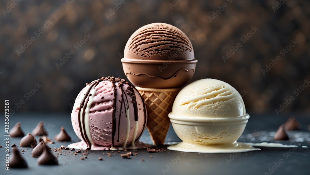 Poster delicious assortment of chocolate vanilla and strawberry ice cream scoops displayed on a dark backgr