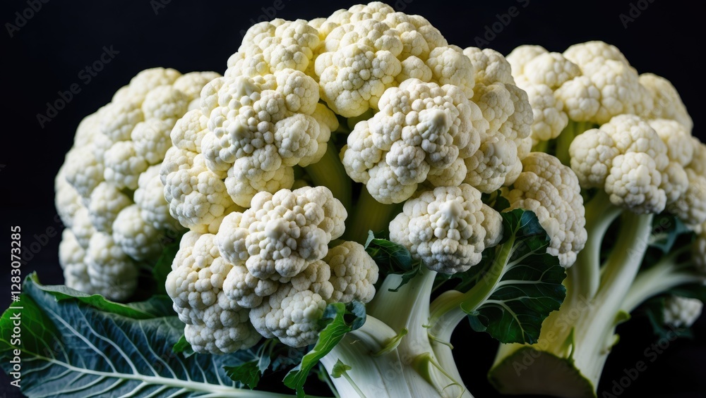 Poster fresh cauliflower head close-up on a dark background showcasing its texture and color perfect for cu