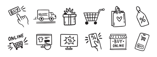 e-commerce online shopping doodle hand drawn icon set. Outline drawing e-commerce online shopping line clipart symbol collection