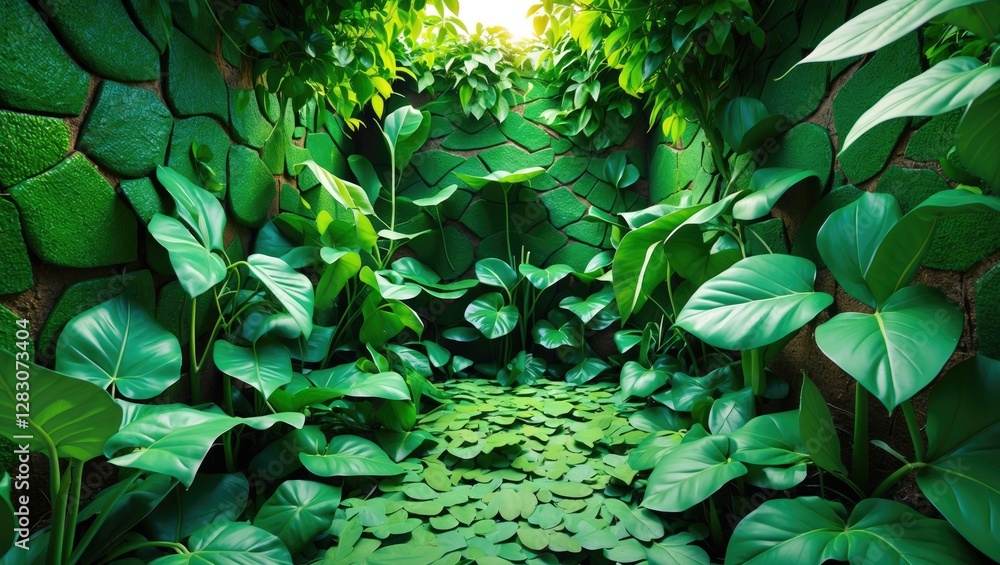 Poster lush green leaves creating a textured wall background in a vibrant garden setting for nature and bot