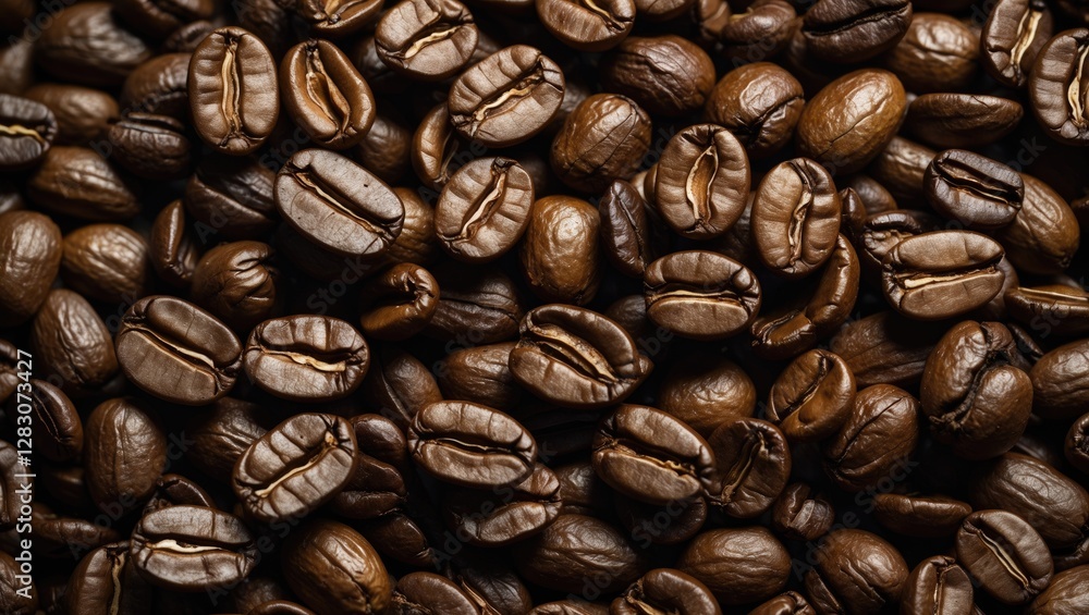 Poster close up view of roasted coffee beans arranged on a surface ideal for backgrounds in food and bevera