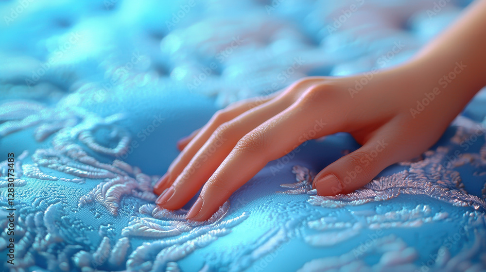 Poster hand pressing into gel-infused mattress with memory foam showing unique texture and light