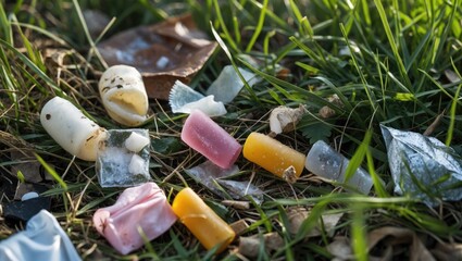 Litter and discarded chewing gum scattered among green grass in an outdoor environment highlighting pollution and littering issues.