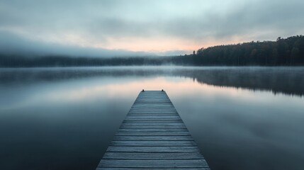 Naklejka premium A serene lake with sunrise view. lake and a wooden dock