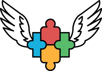 A puzzle piece with a winged bird above it