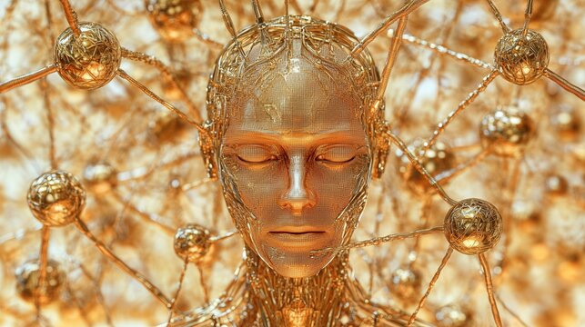 Robot and technology concept, Golden humanoid figure with network connections. - Powered by Adobe