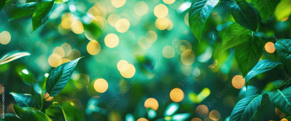Poster abstract green leaf background with blurred foliage and soft circular bokeh creating a tranquil and 