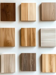 Natural wood samples arranged in a grid showcasing various textures and colors for interior design inspiration and woodworking projects concept