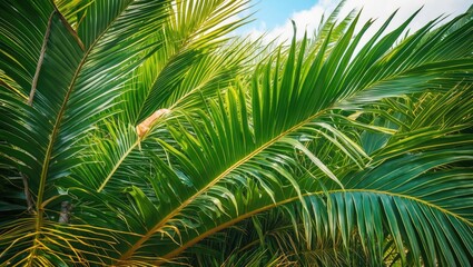 Fototapeta premium Lush Green Palm Leaves Under Bright Sky in Beautiful Costa Blanca Province