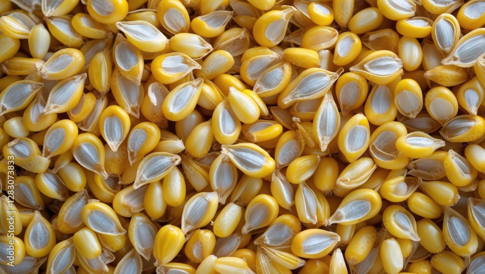 Poster close up of vibrant yellow corn seeds suitable for backgrounds with space for text or graphic overla