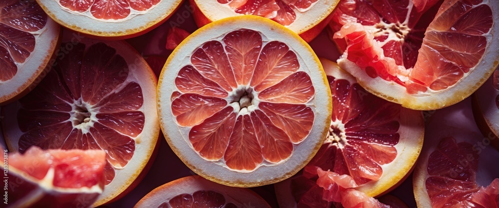 Poster sliced grapefruit sections arranged in a vibrant background showcasing their juicy texture and rich 