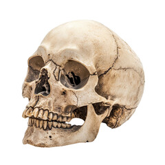 Realistic human skull with cracks, isolated on transparent cutout background
