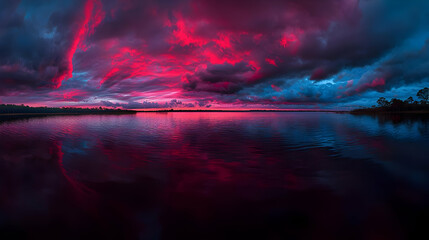 Fototapeta premium Fiery sunset reflecting on calm lake water