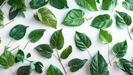Various green leaves arranged artistically on a white background showcasing different shapes and textures for a fresh and vibrant look.