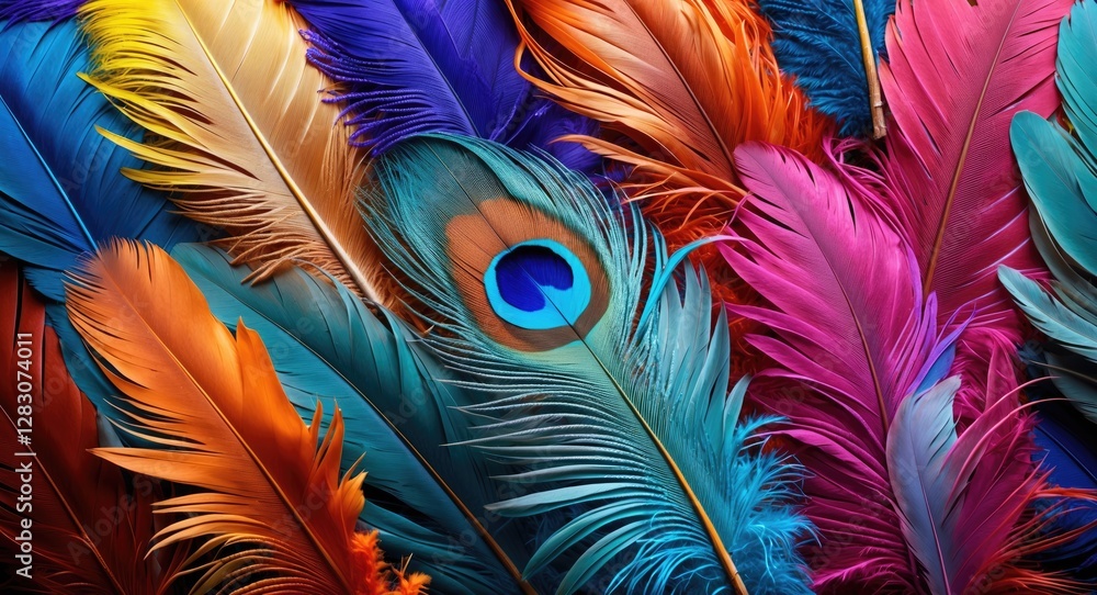 Poster Vibrant assortment of colorful bird feathers close-up creating a stunning and rich texture for artistic and decorative backgrounds.