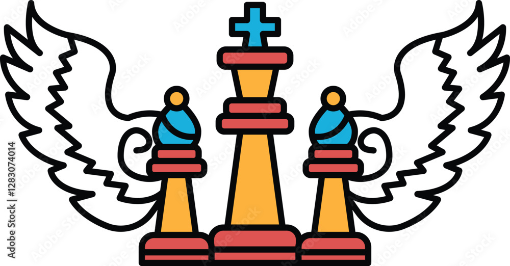 Poster a chess board with a winged cross on top and two pieces on the bottom
