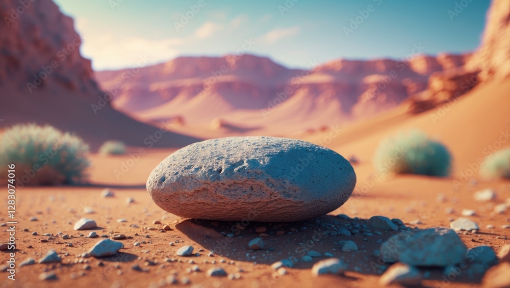 Poster closeup of a smooth stone on sandy desert terrain with distant hills and sparse vegetation in a tran