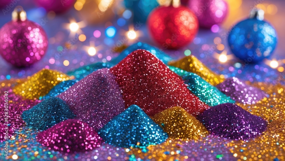 Poster colorful glitter pile with festive ornaments creating a vibrant and sparkling background ideal for c