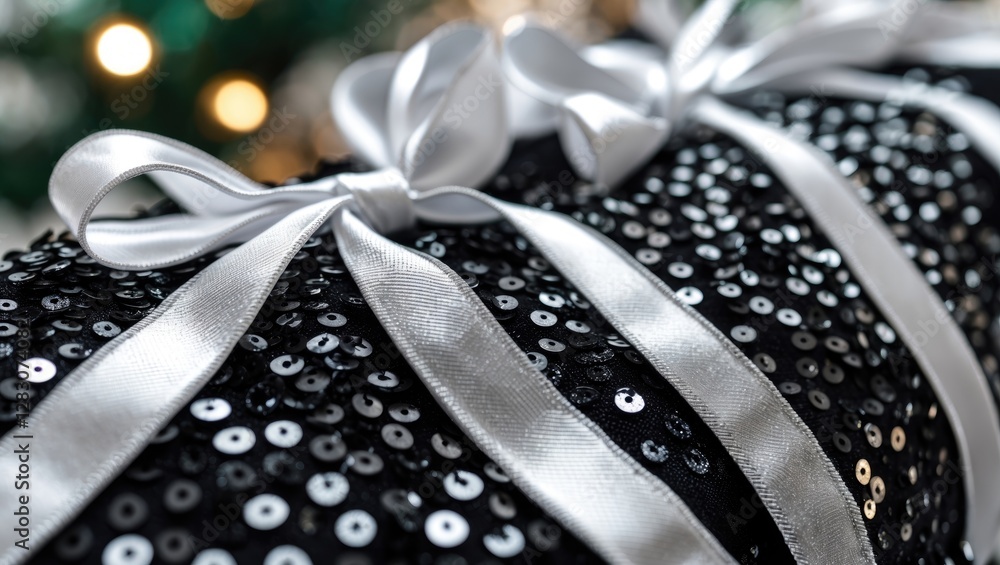 Poster close-up of festive black sequined fabric adorned with silver ribbons creating an elegant holiday at
