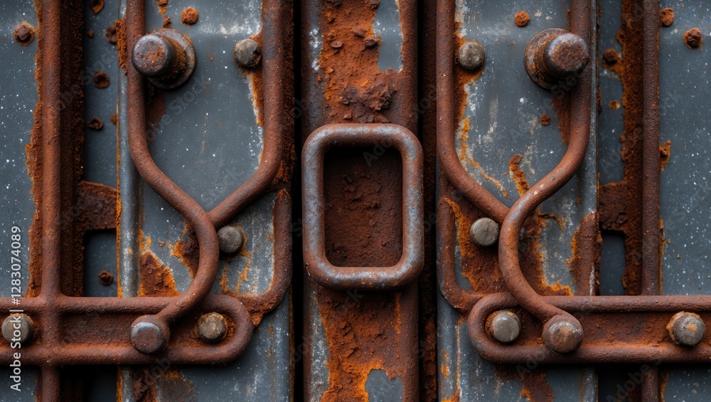 Poster Detailed close-up of a weathered rusty metal background featuring corroded textures and intricate patterns from aging industrial hardware.