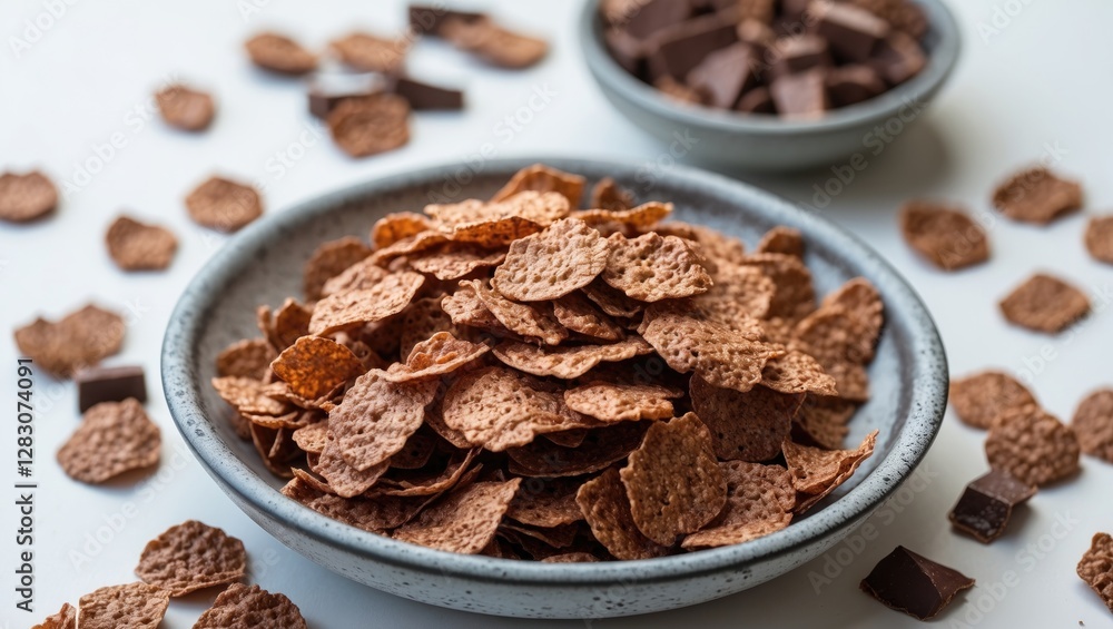 Poster cocoa flavored cornflakes in a bowl with chocolate pieces on a white background showcasing a delicio