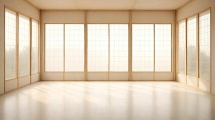 This image shows an empty room with a minimalist design, featuring large windows with wooden frames and sliding doors.
