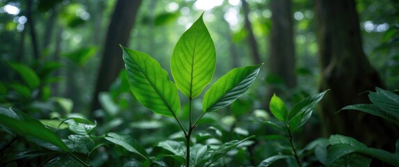 Obraz premium Lush green leaves emerging in a dense Indian forest showcasing the beauty of nature and biodiversity in a tranquil woodland setting.