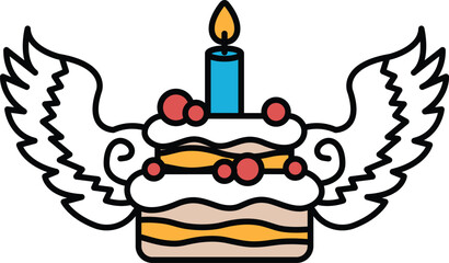 A cake with a candle on top and wings on either side