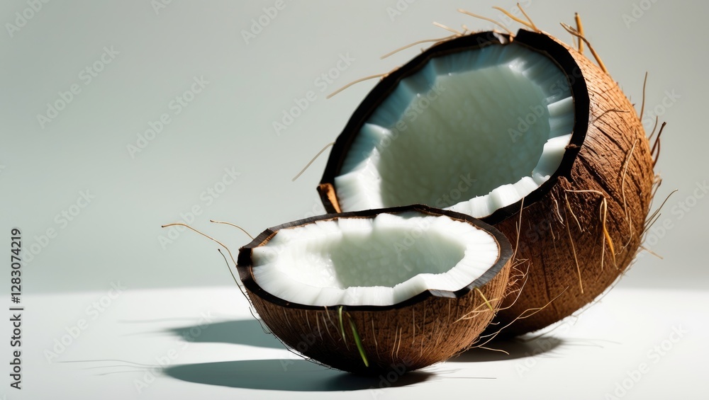 Poster coconut half and whole on white background showcasing fresh coconut meat and texture perfect for foo
