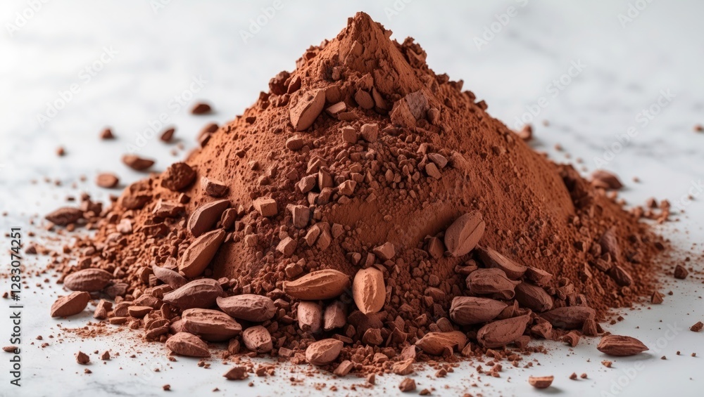 Aufkleber Cocoa powder heap with cocoa beans on marble surface showcasing rich chocolate color for culinary and baking use.