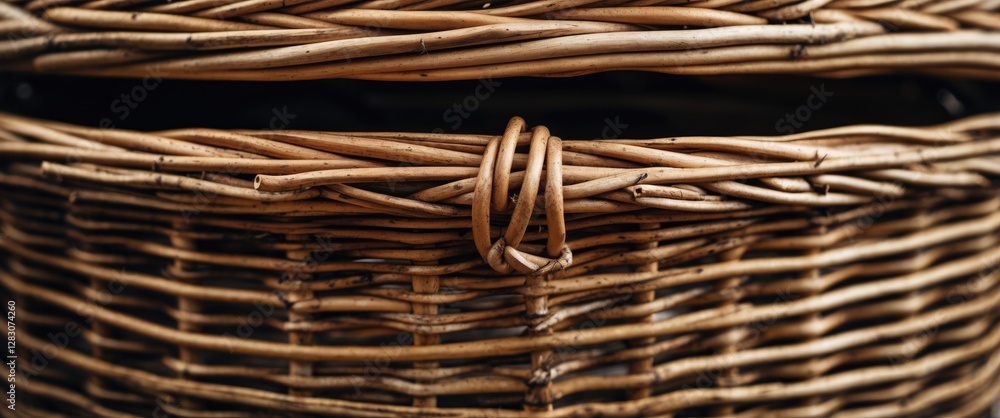 Poster close up of natural wicker basket highlighting texture and craftsmanship against a softly blurred ba