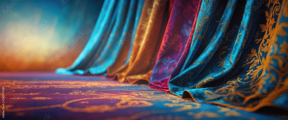 Poster Elegant close-up of richly textured curtains in vibrant colors, showcasing intricate patterns and luxurious fabric details for interior design.