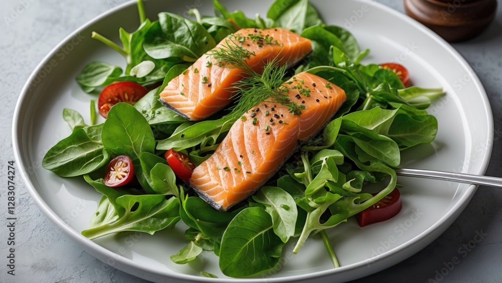 Poster fresh salmon fillet served over mixed greens with cherry tomatoes and empty space for text overlay
