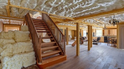 A home undergoing insulation upgrades with exposed framework and insulation materials