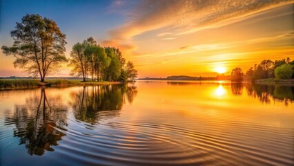 Obraz premium A serene lake at sunset with gentle ripples on the water and a few trees in the background, surrounded by a warm golden light that seems to be soothing the soul , nature sounds, calming scene