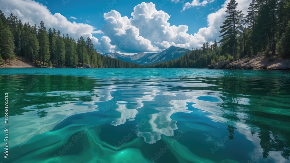 Aufkleber Serene reflection of fluffy clouds and pine forests on emerald lake water creating a tranquil nature scene in Canadaâ€™s beautiful landscape.