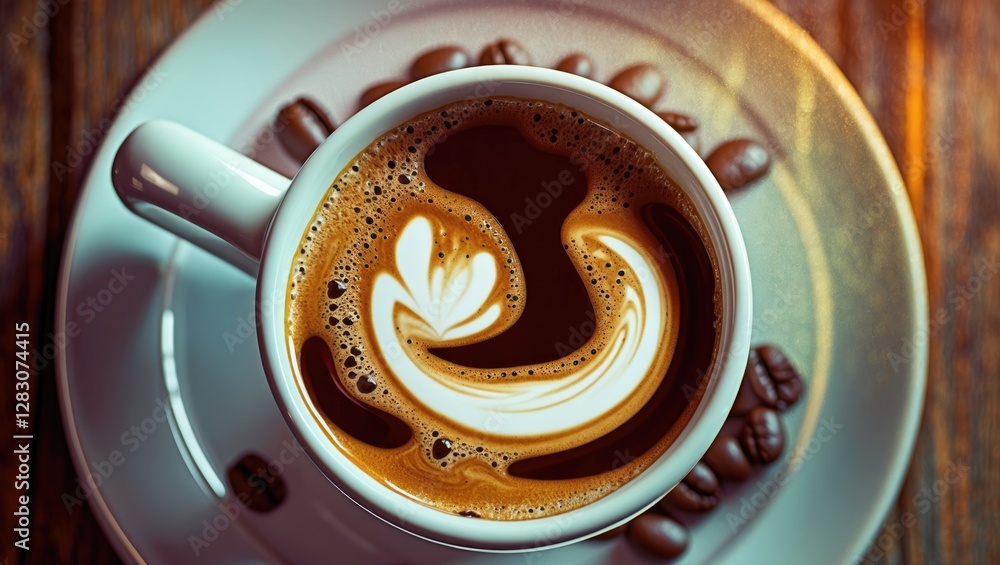 Aufkleber top view of a beautifully crafted latte art in a white coffee cup surrounded by coffee beans on a wo