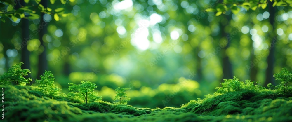 Poster lush green forest background with blurred trees and soft bokeh effect creating a serene natural atmo