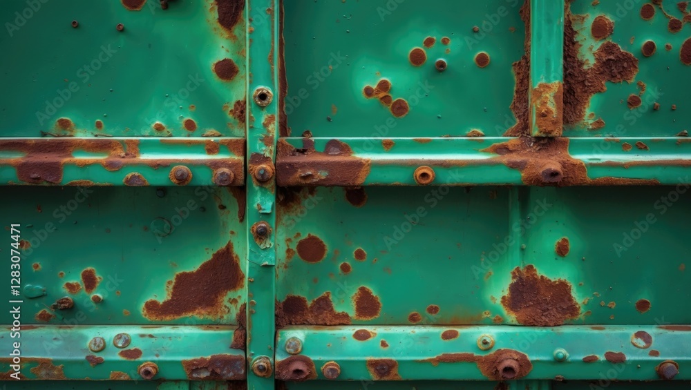 Poster rusty green weathered metal wall texture with corrosion patterns and aging bolts ideal for backgroun