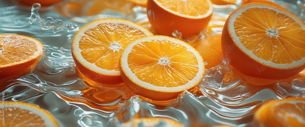 Poster refreshing bright orange juice with sliced oranges floating in water, emphasizing health and vibrant
