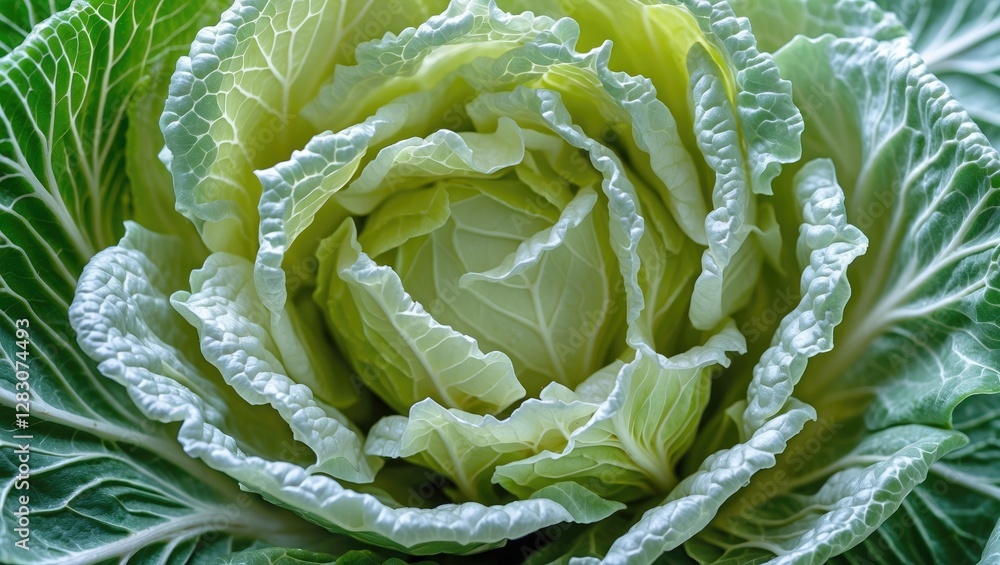 Poster detailed macro shot revealing the intricate textures and layers of fresh white cabbage in a vibrant 