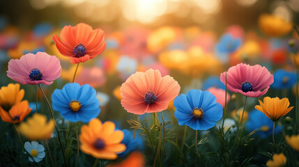 Obraz premium Spring background showcasing a meadow filled with vibrant wildflowers and soft morning light