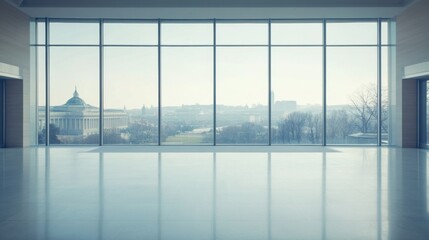 Fototapeta premium A legislative hall with panoramic views through large windows. Featuring openness and transparency