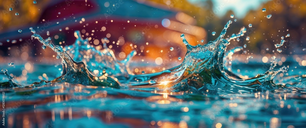 Aufkleber Dynamic close-up of water splashes reflecting light creating a vibrant and engaging background with a sense of motion and tranquility.
