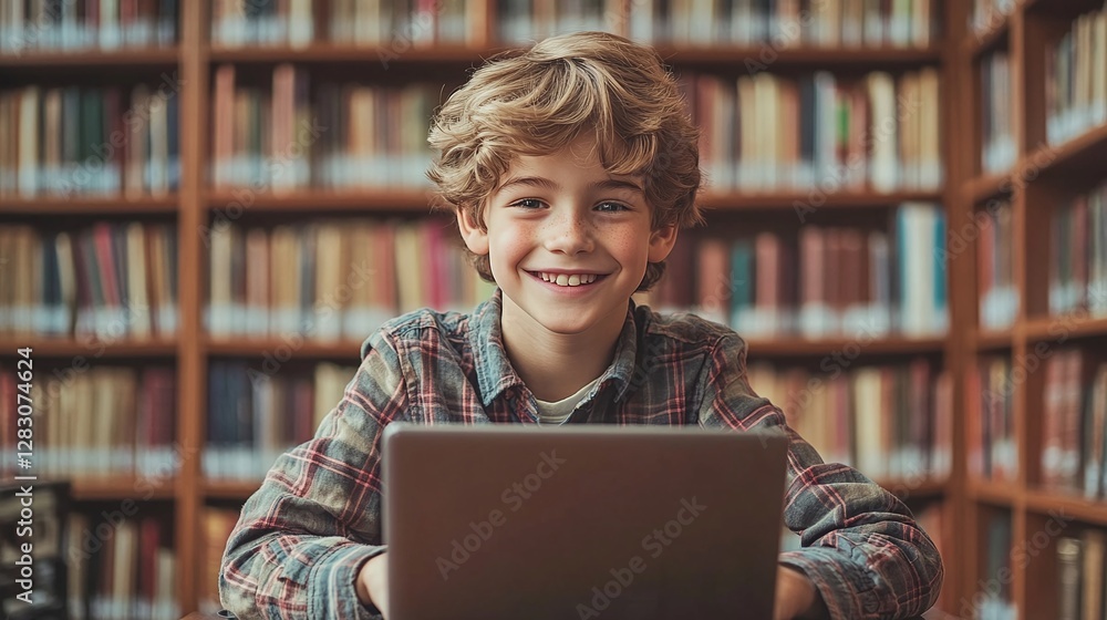 Aufkleber smart student using a laptop in a college library studying and researching with technology focused o